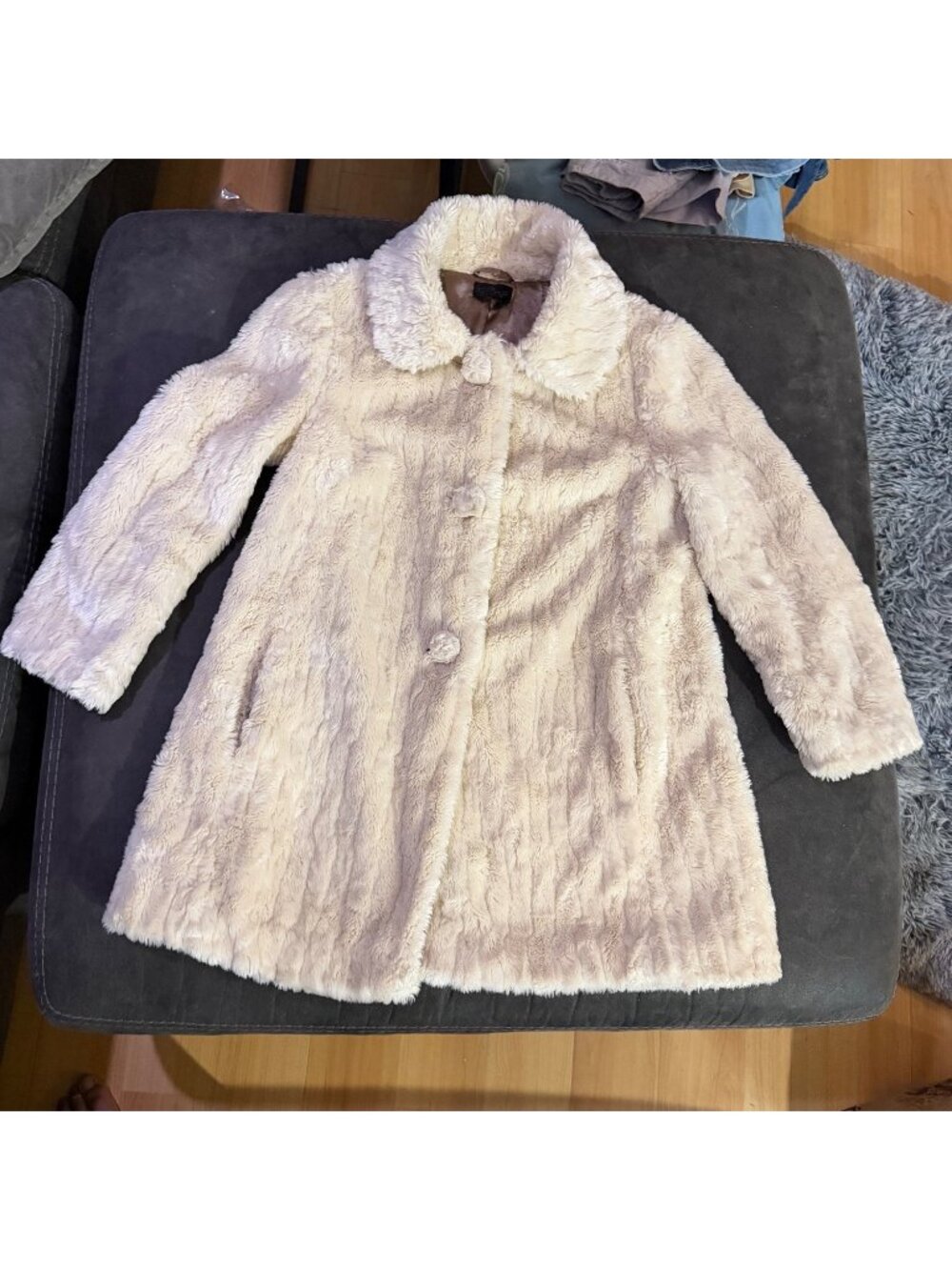 Topshop Ivory Faux Fur Coat With Satin Lining Button Closure And Pockets Womens